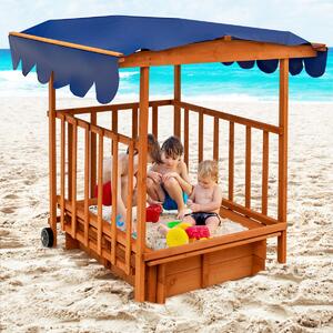 Costway Sabbiera per bambini con tettoia e ruote posteriori, Sabbiera con parapetti di sicurezza per cortile e spiaggia
