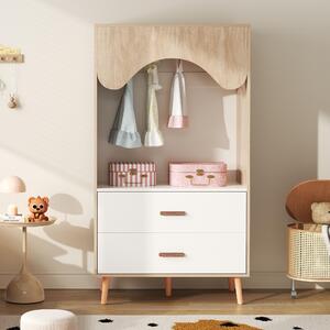 Armadio per bambini Sweiko, armadio con appendiabiti, con cassetti, armadio aperto, maniglie in legno massiccio, in truciolato, bianco+legno naturale, 80×46×141,5 cm