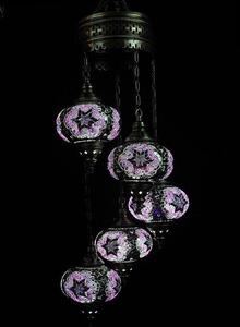 Lampada a sospensione turca - Lampada a sospensione orientale - Viola - 5 sfere di vetro colorate a mosaico - Realizzata a mano