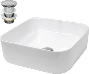 LuxeBath Lavabo Lavabo da appoggio Square, 39x39x14 cm, bianco, in Vetroceramica, incl. set di scarico senza troppopieno