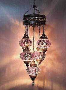 Lampada a sospensione turca a 5 luci in vetro mosaico rosa - lampada da soffitto orientale con 5 sfere di vetro