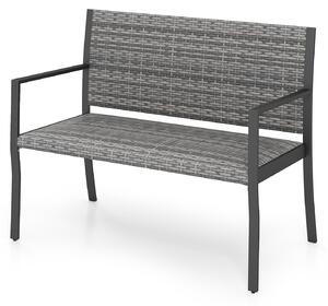 Panca da giardino in rattan sintetico, divanetto a due posti con schienale e braccioli, panca da parco con cuscini e struttura in metallo, panca da balcone resistente fino a 360 kg, ideale per terrazza e giardino, dimensioni: 110 x 55 x 84 cm