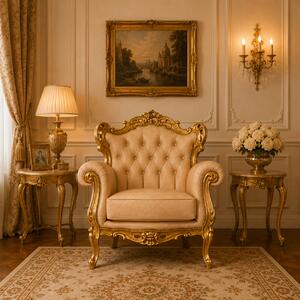Poltrona Barocca Caterina - Foglia Oro, Pelle Primo Fiore Premium – Artigianato Italiano di Lusso