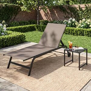 Costway Set sdraio e tavolino in metallo con schienale regolabile in 6 posizioni, Tavolino quadrato per giardino e balcone Marrone