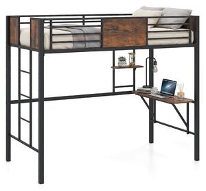 Costway Letto a soppalco metallo salvaspazio scrivania libreria, Letto rialzato sponda rialzata doghe scala 3 gradini industriale