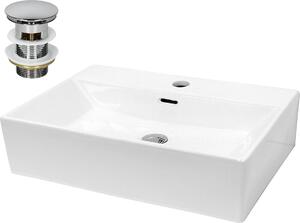 LuxeBath Lavabo Lavabo da appoggio Square, 60,5x36,5x13 cm, bianco, in Vetroceramica, incl. set di scarico con troppopieno