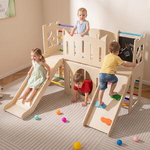 Costway Parco giochi in legno a tema castello con scivolo e fori per strisciare, Scivolo per bambini 8-in-1 con nascondigli Colorato