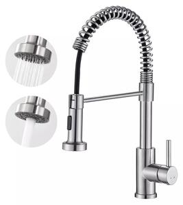 Miscelatore per cucina - Miscelatore per lavello - Acciaio inossidabile - Girevole a 360° - Doccetta estraibile con 2 tipi di getto - Miscelatore monocomando per acqua calda e fredda - Argento
