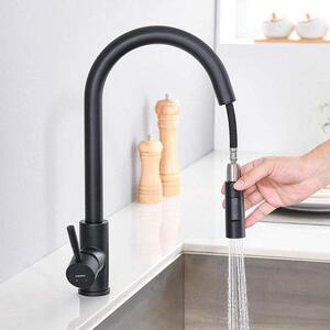 Rubinetto da cucina RVS con rotazione a 360 gradi - Estraibile - 2 getti d'acqua - Rubinetto con sistema a controcorrente - Nero