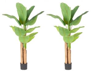Set 2 Piante Artificiali di Banano 90x110x150 cm in Plastica con Vasi Verde