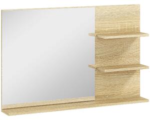 Kleankin Specchio Bagno Moderno con 2 Ripiani Laterali e Ripiano Inferiore, in Legno e Vetro, 75x10x48 cm, Color Legno | Aosom Italy