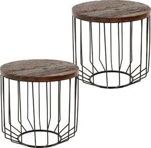 Set di 2 tavolini in legno massiccio WOMO-DESIGN, rotondo Ø 50x50 cm, naturale, unico, fatto a mano da legno di recupero, struttura in metallo, cestino in metallo, nero