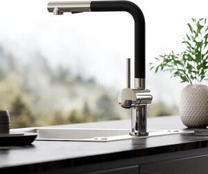 Rubinetto da cucina con rotazione, due posizioni di getto, miscelatore monocomando per lavello, ruotabile a 360°, lega di zinco, nero-cromo