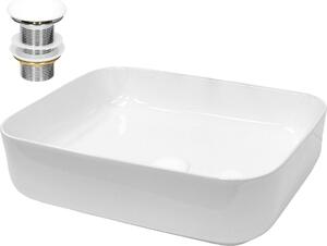 LuxeBath Lavabo da appoggio Square, 50,5x39,5x13,5 cm, bianco, in Vetroceramica, incl. set di scarico senza troppopieno