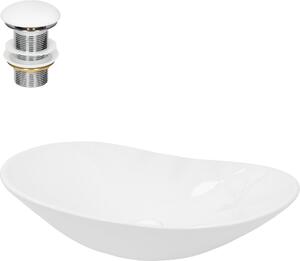 Lavabo LuxeBath Lavabo da appoggio ovale, 64x36,5x13 cm, bianco, in Vetroceramica, incl. set di scarico senza troppopieno