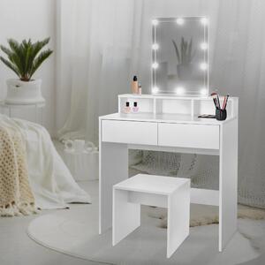 ML-Design, tavolino da toilette con illuminazione LED, tavolino da toilette con sgabello, specchio, 2 cassetti, 80x40x140 cm, bianco, tavolino da trucco con 3 vani a giorno