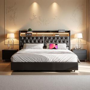 Letto Moonbite con contenitore, dimensione king 180x200 cm, rivestito in ecopelle nera, con grande testiera cilindrica e illuminazione LED