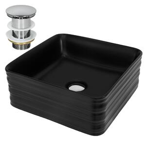 LuxeBath Lavabo Lavabo da appoggio Square, 39x39x15 cm, nero, Vetroceramica, incl. set di scarico senza troppopieno
