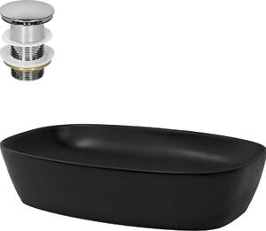 LuxeBath Lavabo da appoggio Square, 60,5x38,5x14 cm, nero, in Vetroceramica, incl. set di scarico senza troppopieno