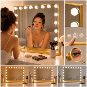 Specchio da Trucco LED Hollywood in Metallo 80x62 cm, 3 Tonalità di Luce, USB, Oro