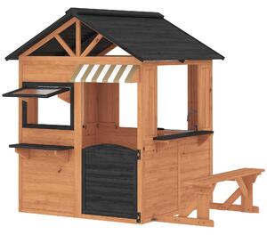 AIYAPLAY Casetta da Giardino per Bambini in Legno di Abete con Snack Bar, Finestre, Mezza Porta, Panca e Tetto Marrone | Aosom Italy