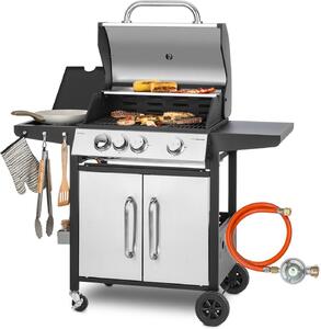 Barbecue a gas - Cucina esterna con griglia - Per cucinare all'aperto in compagnia - 4 bruciatori con bruciatore laterale - Potenza: 13,5 kW - Colore: argento