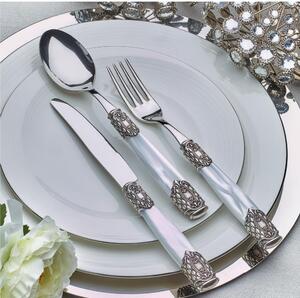 Servizio Posate QUEEN Argento Antico 24 pezzi - 6 posti tavola manico Metacrilato effetto perlato ghiera in Metallo Argento America spessore 2,5 mm