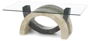 Tavolino Olimpia Stone Decor E5 120x70xH41 cm, Vetro Trasparente, Gambe Pietra Fossile Beige e Grigio