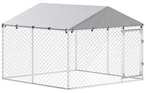 Recinto per Cani da Esterno 230x230x170 cm con Tetto in PE Anti-UV Impermeabile Doppia Chiusura in Acciaio Zincato Argento