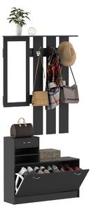 Mobile da Ingresso Appendiabiti con Scarpiera e Specchio 90x10x102 cm in Truciolato Nero