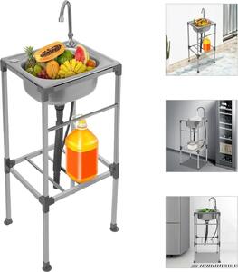 Lavello da cucina in acciaio inossidabile - Lavello gastronomico autoportante - Vasca singola - Capacità di carico: 60 kg - Rubinetto rotante a 360° - Argento