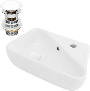 LuxeBath Lavabo da appoggio Angolare, 45x27x13 cm, bianco, Vetroceramica, foro per rubinetto a destra, incluso set di scarico con troppopieno