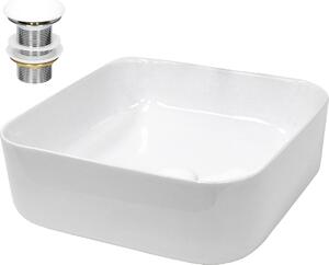 LuxeBath Lavabo Lavabo da appoggio Square, 39x39x14 cm, bianco, in Vetroceramica, incl. set di scarico senza troppopieno