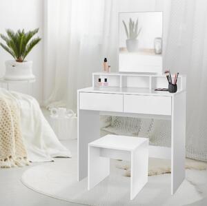 ML-Design tavolo da toilette con sgabello, tavolo da toilette con specchio e 2 cassetti, 80x40x140 cm, bianco, moderno, elegante tavolo da toilette con 3 scomparti aperti