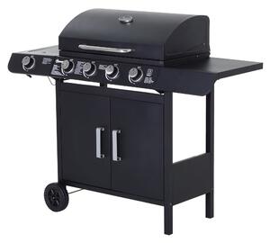 Barbecue a Gas a 5 Fornelli con Ripiani Laterali e Armadietto 125x51x100 cm in Acciaio e PP Nero