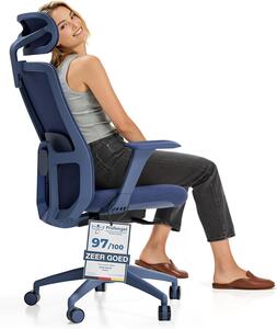 Sedia da ufficio regolabile, con poggiatesta, braccioli e supporto lombare, colore blu