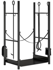 Outsunny Portalegna per Camino da Interno ed Esterno in Metallo con Paletta, Scopa, Attizzatoio e Pinza,44.5x29.5x73cm, Nero | Aosom Italy