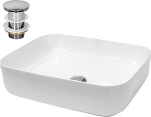 LuxeBath Lavabo da appoggio Square, 50,5x39,5x13,5 cm, bianco, in Vetroceramica, incl. set di scarico senza troppopieno