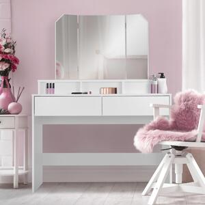 ML-Design tavolo da toilette bianco, tavolo da toilette con specchio pieghevole a 3 elementi e 2 cassetti, 100x40x140 cm, tavolo cosmetico con 3 scomparti aperti