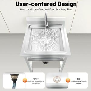 Lavello da appoggio - Lavello singolo in acciaio inossidabile - Portata 150 kg - Regolazione in altezza 1–3 cm - Rubinetto girevole a 360° - Dimensioni interne 45×41×23 cm - Argento