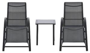 Set 2 Lettini Prendisole e Tavolino con Ripiano 59x169x66 cm in Tessuto Traspirante e Metallo Nero
