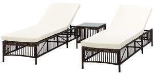 Set 2 Lettini Prendisole con Cuscini Imbottiti e Tavolino in Rattan PE Marrone e Beige