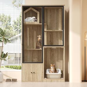 Casa a più piani per gatti con porta in vetro, mobile per gatti di 90 x 50 x 160 cm, aspetto in legno naturale, con pali per graffiare