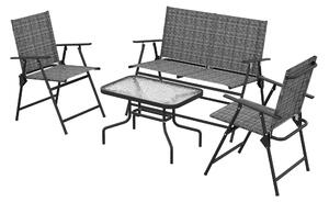 Set da Giardino Divano 2 Poltrone Pieghevoli e Tavolino Piano in Vetro Grigio