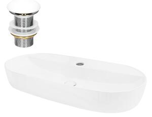 Lavabo LuxeBath Lavabo da appoggio ovale, 80x40x12 cm, bianco, Vetroceramica, incl. set di scarico senza troppopieno