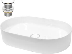 Lavabo LuxeBath Lavabo da appoggio ovale, 60,5x38x12,5 cm, bianco, in Vetroceramica, incl. set di scarico senza troppopieno