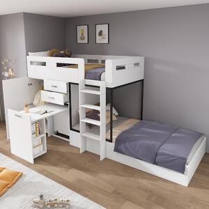 Letto a castello 90 x 200 cm, con scrivania integrata, armadio, cassetti, superficie notte estendibile, struttura in MDF, colore bianco e nero