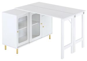 Moderno buffet-sideboard con piano del tavolo ribaltabile, superficie girevole, gambe in metallo dorato e ante scorrevoli in vetro, 116x40x78,5 cm, Bianco