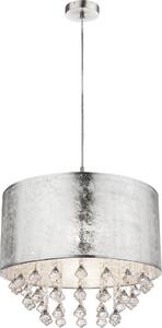 Lampada a sospensione LED, cristalli, paralume in tessuto, argento, H 140 cm