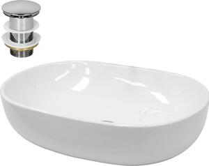 Lavabo LuxeBath Lavabo da appoggio ovale, 60x42x14,5 cm, bianco, in Vetroceramica, incl. set di scarico senza troppopieno